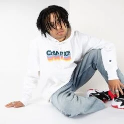 Mens Champion Reverse Weave Logo Hoodie - White